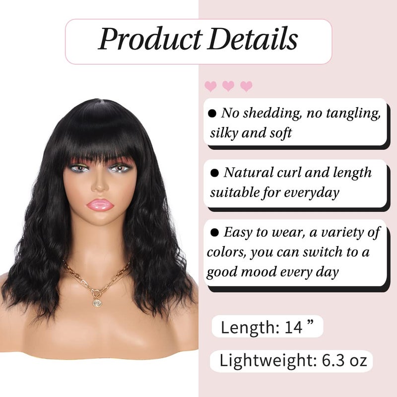 Kalyss 14" Synthetic Wig with Hair Bangs Short Wavy Curly Wig for Women -Natural Looking and Heat Resistant Full Head Hair Replacement Wig for Daily Wear or Costume Wigs - Image 4